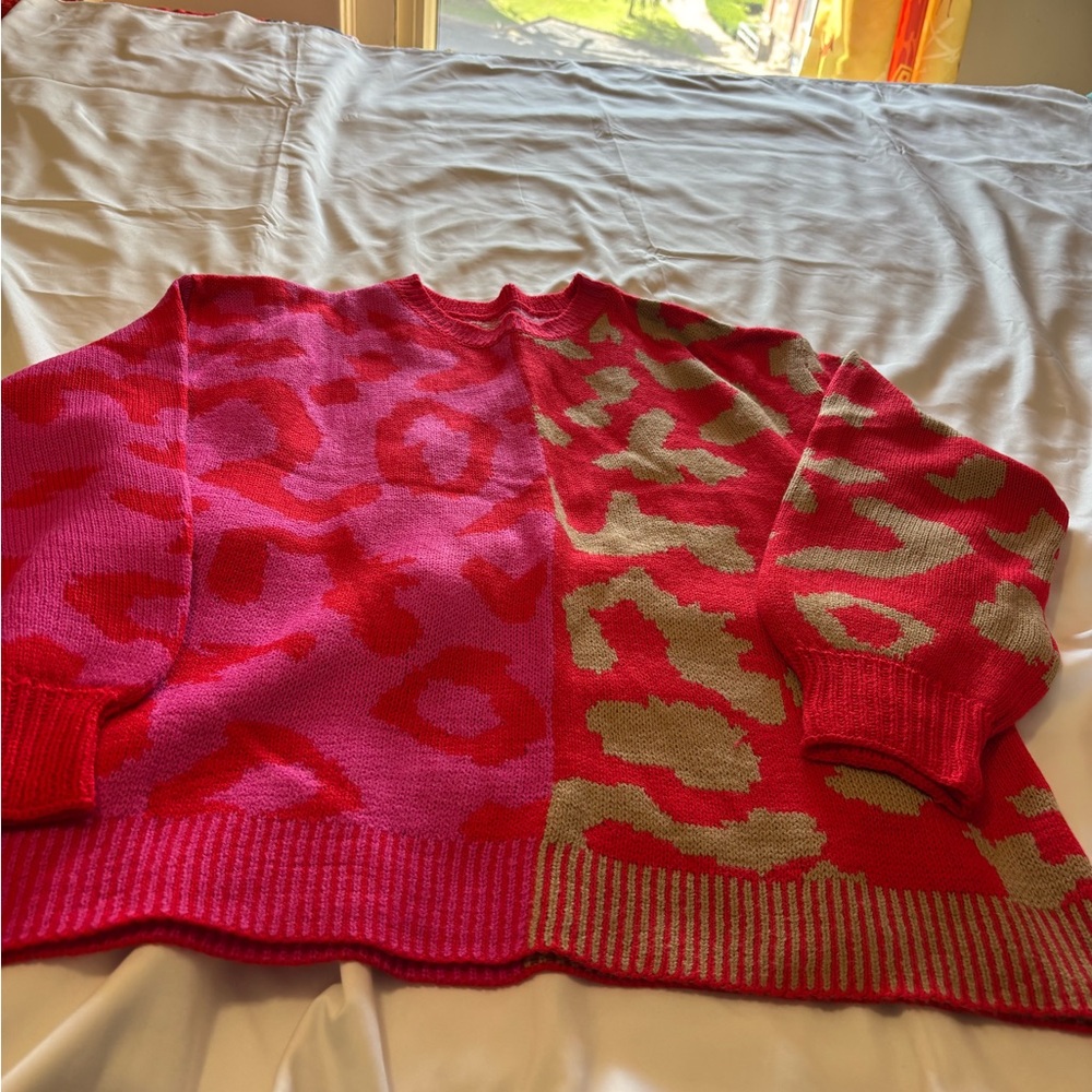 Women's Pink and Red Leopard Print Sweater